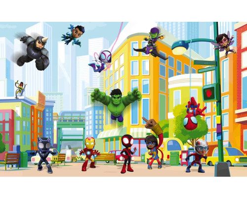 Fototapete Spidey und Freunde in einer farbenfrohen Stadtlandschaft mit Hulk, Iron Man, Ghost Spider und weiteren Marvel Helden.