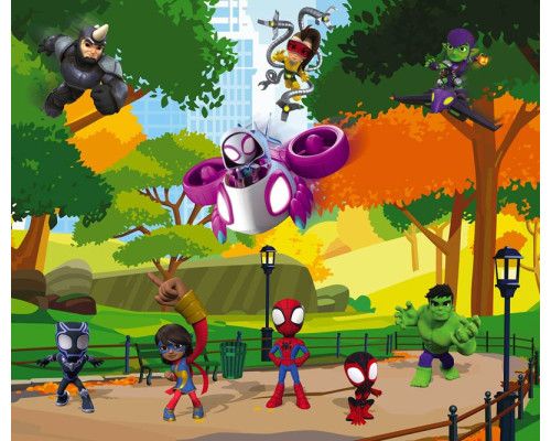 Fototapete Spidey und Freunde auf Schatzsuche in einem farbenfrohen Park mit Hulk, Ghost Spider und weiteren Marvel Helden.