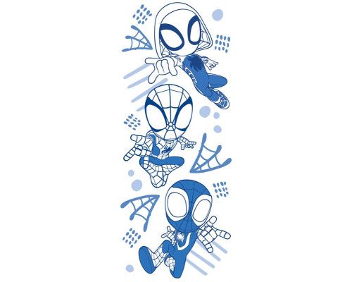 Spidey Tapete mit minimalistischen blauen Illustrationen von Spidey, Ghost-Spider und Miles Morales auf weißem Hintergrund.
