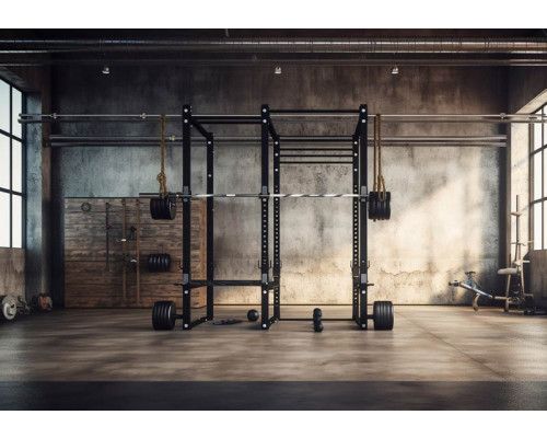 Fototapete eines Fitnessstudios Powerzone mit Hanteln und Gewichten, perfekt für Fitnessräume.