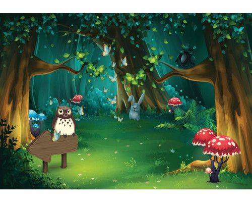 Märchenwald-Fototapete mit magischen Kindern, Junge und Mädchen in einem verwunschenen Wald.