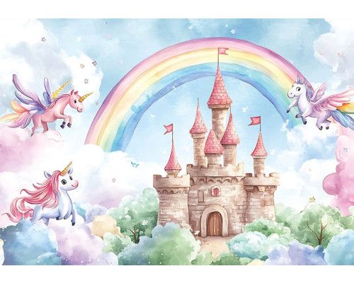 Fototapete Märchenschloss in einem magischen Einhorn-Paradies mit einem Regenbogen, fliegenden Einhörnern und sanften Wasserfarben.