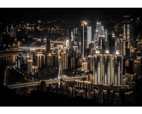 Fototapete einer Stadt bei Nacht, moderne Skyline.