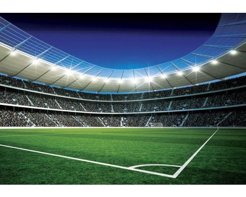 Die Fototapete zeigt ein Stadion und einen Fußballplatz, auf dem Kinder spielen.