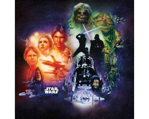 Klassische Star Wars-Poster-Collage mit allen legendären Figuren der Saga, ideal für Fans.