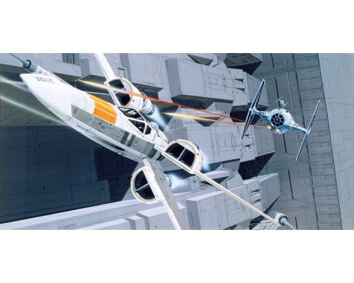 X-Wing vs. Tie Fighter Star Wars Fototapete, die eine Luftschlacht im Weltraum zeigt.