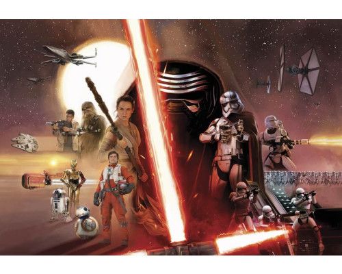 Fototapete mit den Helden aus Star Wars Episode VII in einer Collage, entworfen für ein cooles Zimmer.