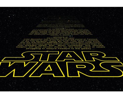 Star Wars Intro-Fototapete mit dem kultigen gelben Text, der durch den Weltraum schwebt.
