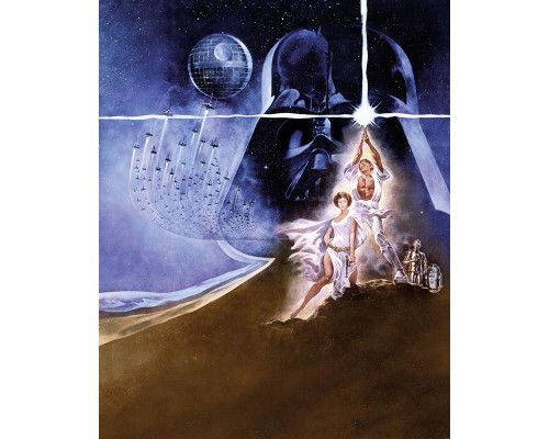 Klassisches Star Wars-Poster mit ikonischen Szenen und Figuren wie Luke Skywalker, Prinzessin Leia und Darth Vader.