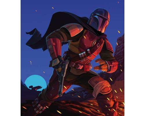 Die Fototapete Mandalorianischer Hinterhalt zeigt den Mandalorianer, der in einen Hinterhalt gerät, mit Explosionen und Stormtroopern in Sichtweite.