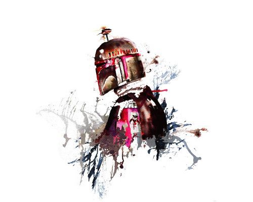 Aquarellbild von Boba Fett, das den kultigen Kopfgeldjäger aus Star Wars künstlerisch darstellt.