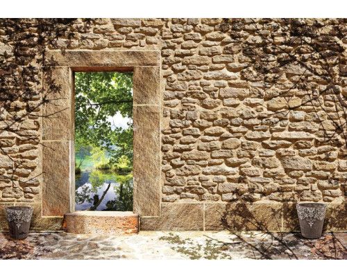 Fototapete einer Steinwand mit realistischen 3D-Effekten eines Teiches.