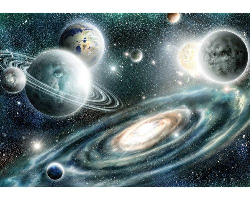Planeten und Sterne im Kosmos, mit einer Darstellung des Weltraums, die auf dieser Fototapete zum Leben erwacht.