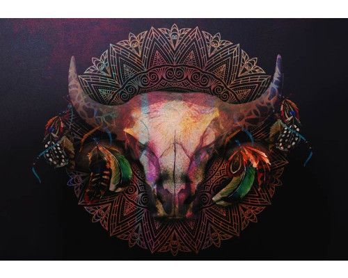 Fototapete von einem Stierschädel mit einem Mandala, in einem mystischen Design mit Hörnern.