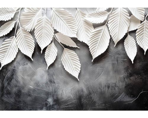 Fotobehang met klassieke botanische bladeren in zachte groentinten op een lichte achtergrond.