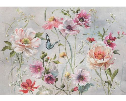 Fototapete mit Stockrosen und Schmetterlingen, dargestellt in einer farbenfrohen Blumenmalerei.