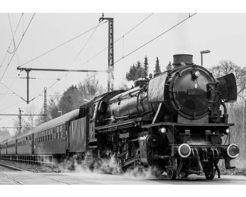 Fototapete einer Dampflokomotive in schwarz-weiß, nostalgisches Design.