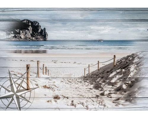 Fototapete eines Strandes mit Meerblick, gerendert auf einem Holzplanken-Hintergrund.