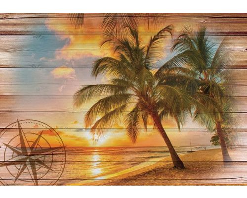 Sonnenuntergang am Strand mit Palmen, Dünen und Meer, perfekt gerendert auf einer Fototapete.