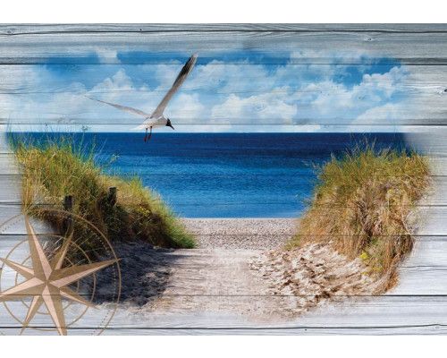 Fototapete von einem Strand mit Dünen und dem Meer, gerendert auf einem hölzernen Hintergrund.