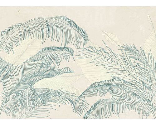 Eine Fototapete mit dezenten Palmwedeln, bei der sanfte Grüntöne und zarte Palmwedel einen ruhigen und natürlichen Look erzeugen.