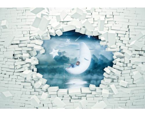 Sweet Dreams mit einem 3D-Effekt einer kaputten Wand auf Fototapete, speziell für Babyzimmer.