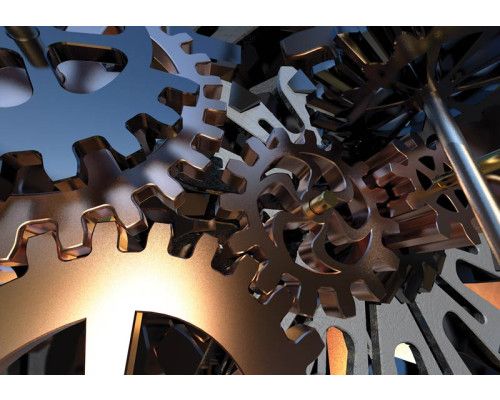 Fototapete von Zahnrädern in 3D, mit einem industriellen Look.