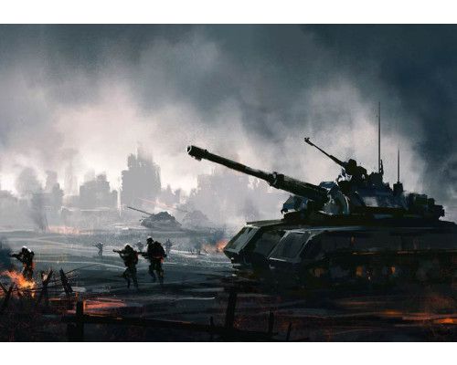 Fototapete Panzer und Soldaten in Aktion für das Spielzimmer, mit einem dynamischen Schlachtfeld von Panzern und strategischen Soldaten in einer detaillierten Landschaft.