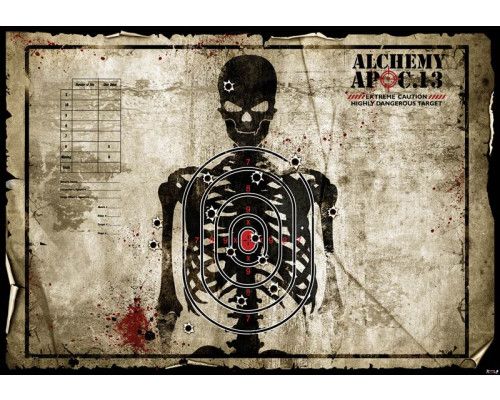 Fototapete einer Schießkarte mit einem Skelett und einem Ziel, robust und industriell.