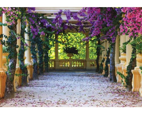 Balkon mit Blumen, Fototapete mit einer 3D-Wiedergabe von Blumen und einer schönen Aussicht.