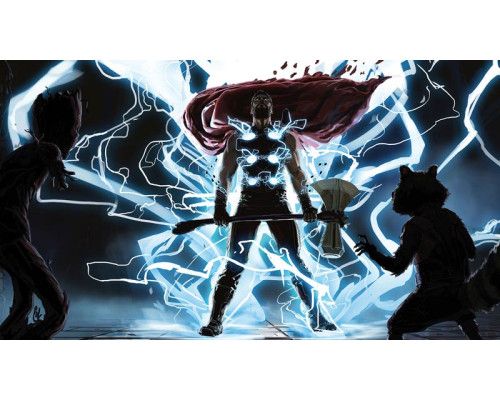Fototapete Thor Gott des Donners mit Groot und Rocket Raccoon von Marvel.