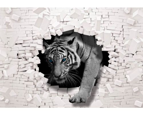 Fototapete mit einem Tiger, der aus der Wand bricht, 3D-Effekte mit abstrakten Ziegeln.