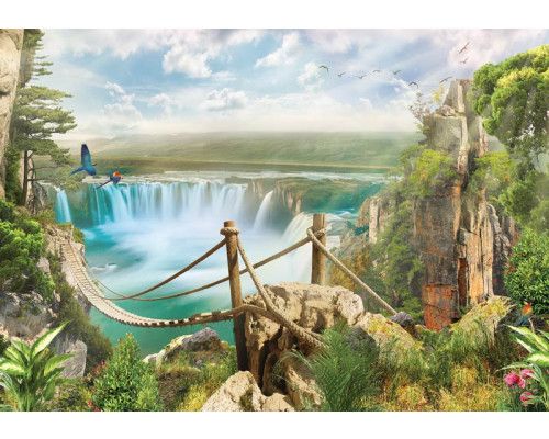 Seilbrücke über einen Wasserfall in einer märchenhaften Dschungellandschaft auf Fototapete.
