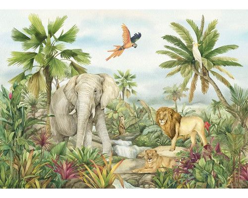 Eine tropische Tierparadies 2 Fototapete, in der ein heller Dschungel-Hintergrund mit einem Löwen, Elefanten und Papagei ein lebendiges Aussehen gibt.