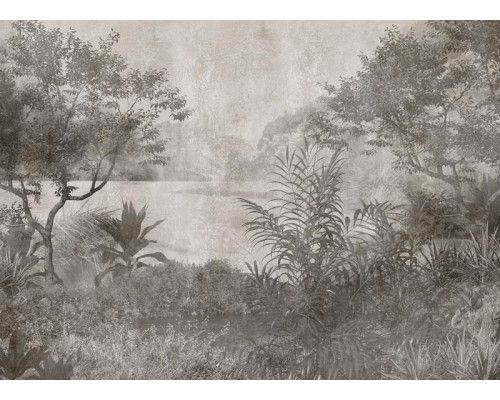 Fototapete mit einem tropischen See im Vintage-Stil, der von grün-grauen Tönen dominiert wird, perfekt für einen rustikalen und zeitlosen Look.