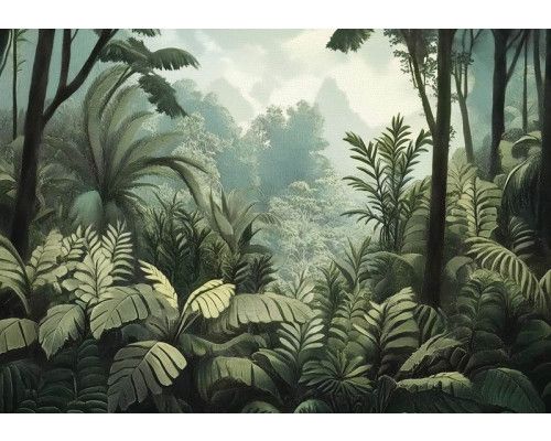 Fotobehang met dicht tropisch oerwoud vol grote bladeren, palmbomen en weelderige begroeiing.