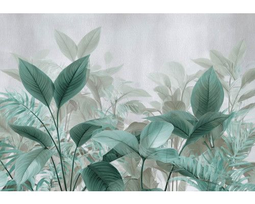 Fotobehang met tropische bladeren in groene tinten tegen een lichte achtergrond.