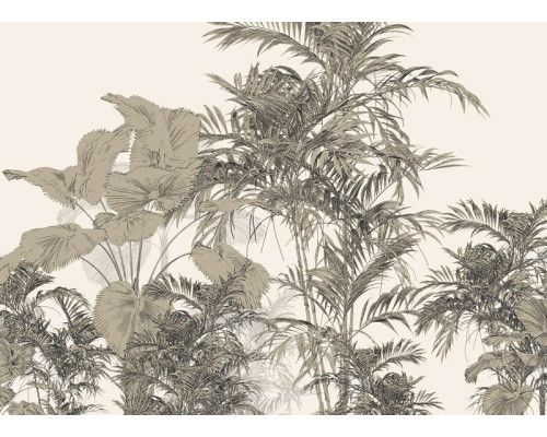 Fototapete mit einer lebendigen tropischen Komposition, voller exotischer Blätter, Blumen und warmer Töne, perfekt für einen energetischen und natürlichen Look.