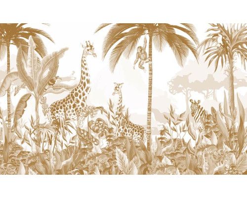 Fototapete eines tropischen Dschungels mit verträumten Tieren und taupefarbenen Terrakotta-Akzenten, perfekt für ein verspieltes Kinderzimmer.