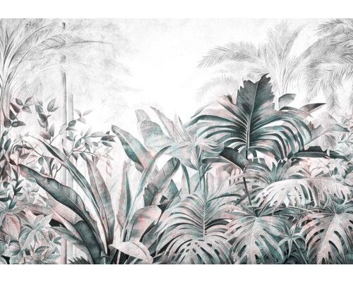 Fototapete mit tropischen Pflanzen und Dschungelblättern, die im botanischen Stil gehalten sind.