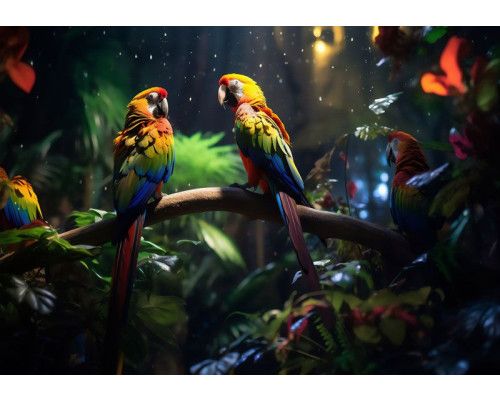 Fototapete mit farbenfrohen tropischen Papageien, die sich zwischen den dichten Blättern des Dschungels verstecken, mit lebhaften Details.
