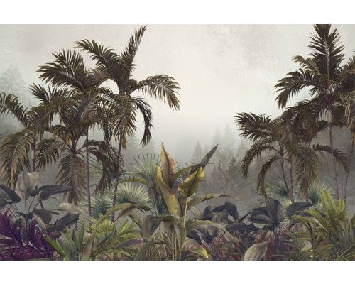 Tropische Pflanzen und Blumen, in Nebel gehüllt, abgebildet auf einer Fototapete eines üppigen Dschungels.