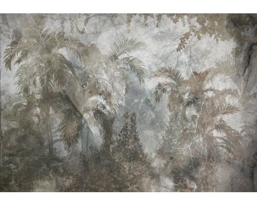 Fototapete mit tropischen Dschungelpflanzen und Bäumen auf einem Betonhintergrund, mit einem modernen Touch.