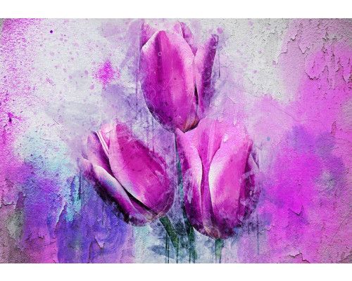 Rosa Tulpen auf Fototapete gemalt, elegant und farbenfroh.