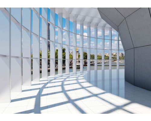 Fototapete Paris mit einem 3D-Stadttunnel und Panoramablick auf die Stadt.