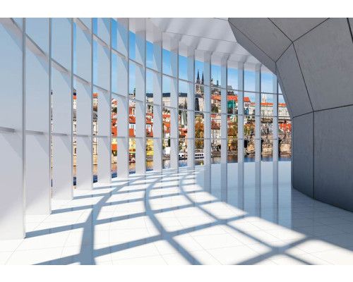 Fototapete mit einem 3D-Tunnel, Stadtansicht und Panoramabild einer Stadtlandschaft.