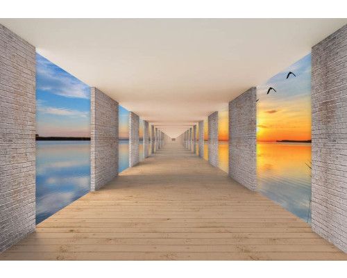 Fototapete mit einem 3D-Tunnel und einem Blick auf einen See während eines farbenfrohen Sonnenuntergangs.