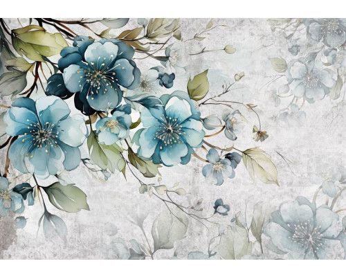 Auf dieser Fototapete sind türkisfarbene Blumen abgebildet, die einen künstlerischen und heiteren Look haben.
