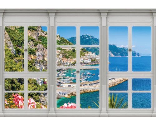 Blick auf eine Stadt mit Meer und Bergen auf einem 3D-Perspektive Fototapete eingefangen.