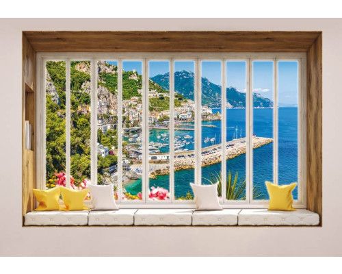 Blick auf die Stadt und das Meer durch ein Fenster mit 3D-Perspektive auf Fototapete.